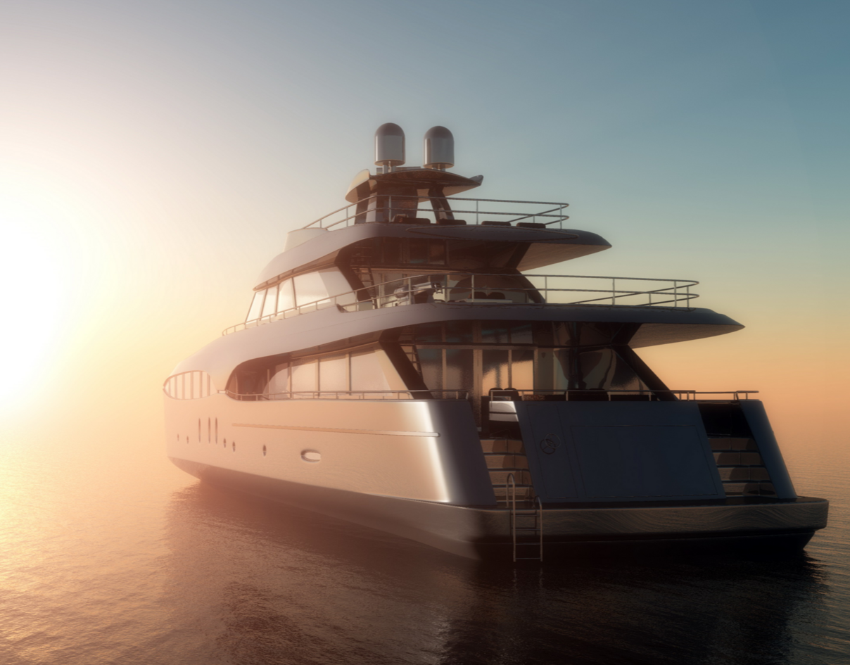 Luxury super yacht at sunset